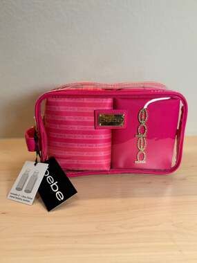 bebe 3-Piece Hot Pink and Clear Cosmetic Travel Bag Set with Toiletry Bottles